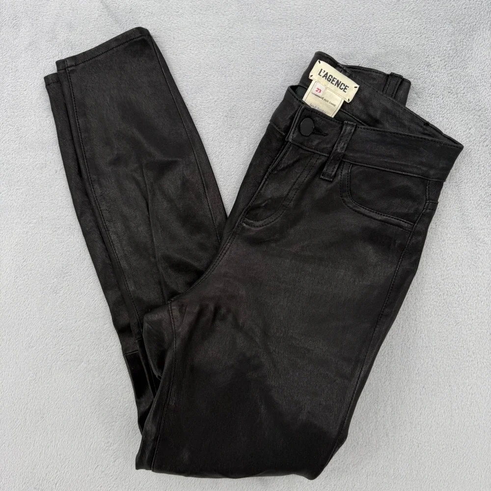L'Agence Margot Black Coated Skinny Lamb Leather High Rise Pants Size 23 - Picture 2 of 16